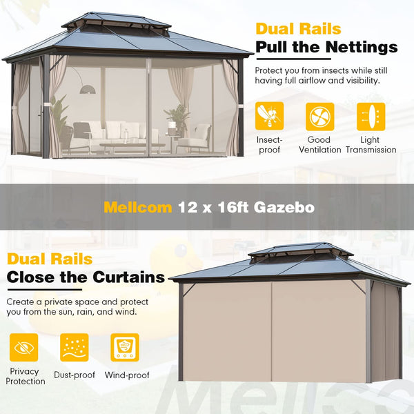 Mellcom 12'x16' Outdoor HardTop Gazebo, Double Roof Patio Garden Gazebo with Curtain Aluminum Frame