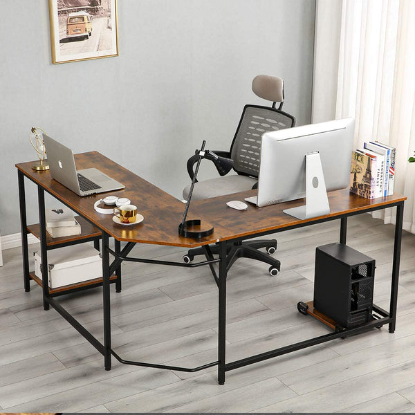 YOLENY L-Shaped Computer Desk Space-Saving Corner Desk Writing Table with Storage Shelves Home Office Desk Study Workstation