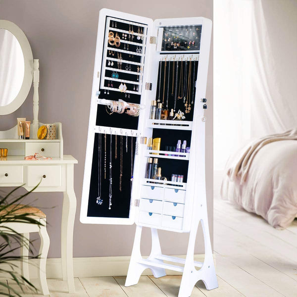 YOLENY Floor-Standing Jewelry Armoire Frameless Full Length Mirror Lockable Design Angle Adjuestable Jewelry Organizer Large Capacity Dressing Mirror Makeup Jewelry Cabinet with LED Lights
