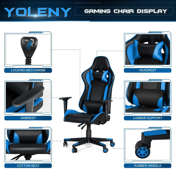 YOLENY Gaming Chair Office Computer Chair Ergonomic High Back PC Desk Chair Height Adjustment Swivel Rocker with Headrest, Lumbar Support and Pillow