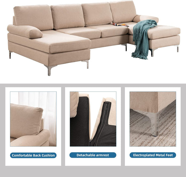 Mellcom Linen U-Shape Sectional Sofa, Fabric Couch for Living Room Apartment, Beige