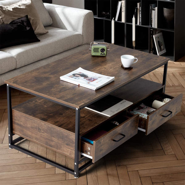 YOLENY Industrial Coffee Table,Accent Cocktail Table with Storage Shelf,2 Drawers Solid Wood and Metal Frame Legs,for Living Room