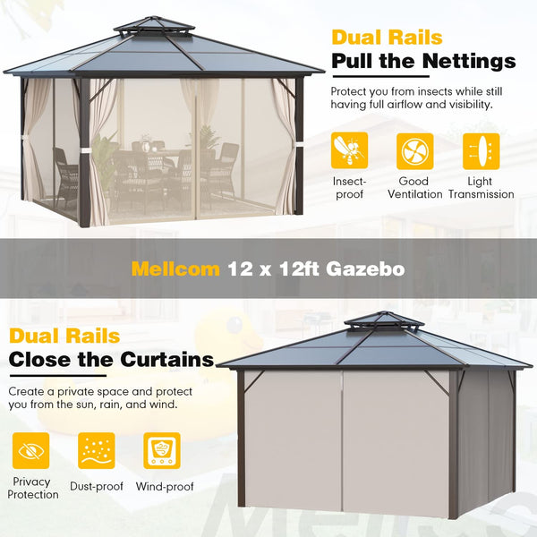 Mellcom 12'x12'  Hardtop Gazebo,  Outdoor Polycarbonate Double Roof Patio Gazebo Curtain Aluminum Frame