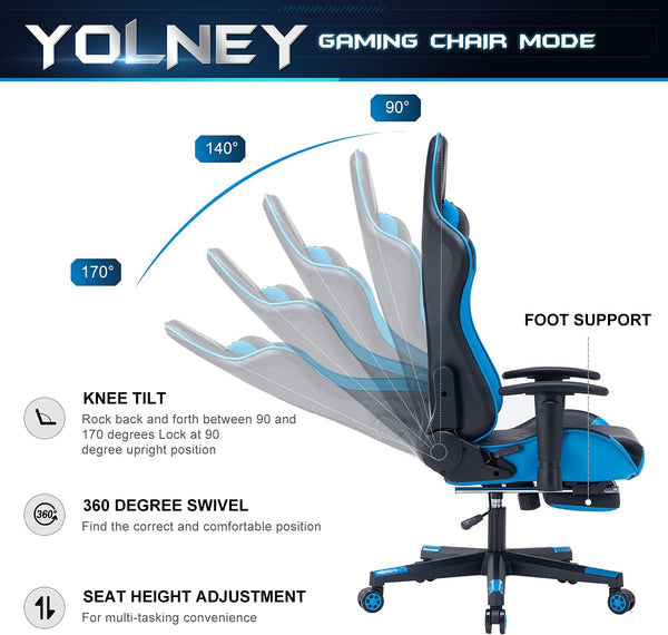 YOLENY Gaming Chair Computer Game Chair Office Chair Ergonomic High Back PC Desk Chair, Height Adjustment Swivel Rocker with Headrest and Support Lumbar Pillow and Foot Support