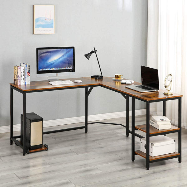 YOLENY L-Shaped Computer Desk Space-Saving Corner Desk Writing Table with Storage Shelves Home Office Desk Study Workstation