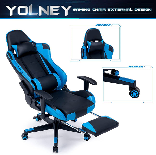 YOLENY Gaming Chair Computer Game Chair Office Chair Ergonomic High Back PC Desk Chair, Height Adjustment Swivel Rocker with Headrest and Support Lumbar Pillow and Foot Support