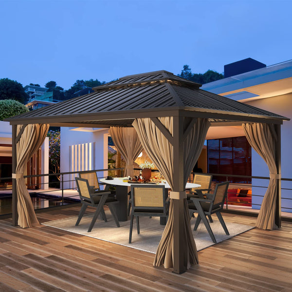 Mellcom 10' x 12' Hardtop Gazebo, Permanent Galvanized Steel Metal Double Roof Aluminum Pavilion