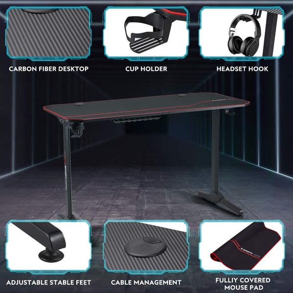 YOLENY 55inch Gaming Desk T Shaped Computer Desk Office Desk with Cup Holder & Headphone Hook,Professional Home Office Writing Desk with USB Gaming Handle Rack & Full Desk Mouse Pad