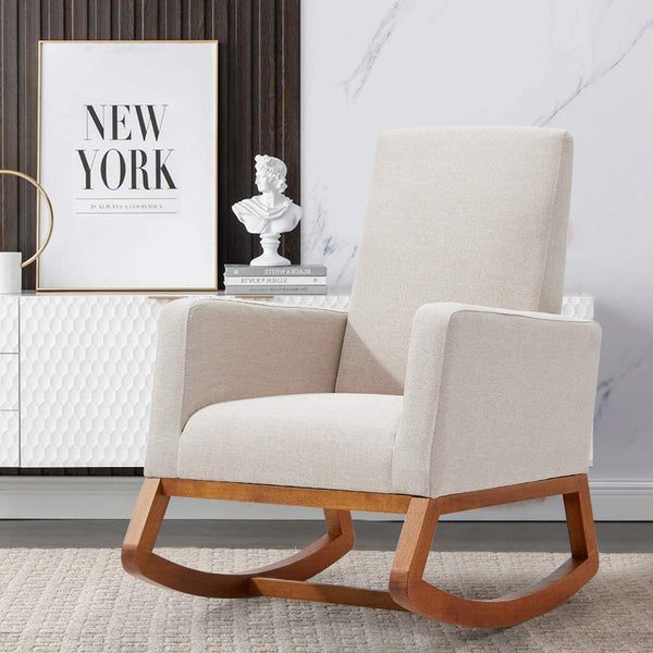 YOLENY Rocking Chair Mid Century Accent Chair Glider Rocker with Ottoman High Back Linen Armchair, Beige