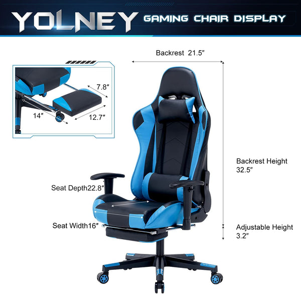 YOLENY Gaming Chair Computer Game Chair Office Chair Ergonomic High Back PC Desk Chair, Height Adjustment Swivel Rocker with Headrest and Support Lumbar Pillow and Foot Support