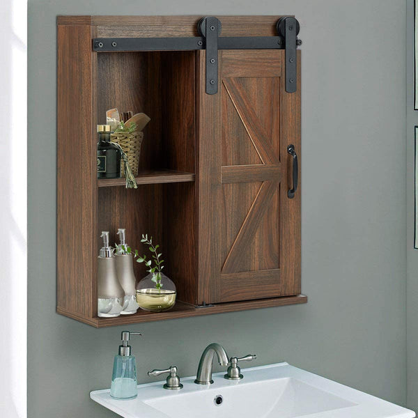YOLENY Wood Wall Storage Cabinet with Sliding Barn Door 3-Tier Organizer Bathroom Cabinet with Adjustable Shelf Brown