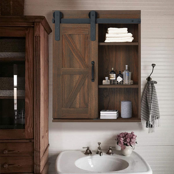 YOLENY Wood Wall Storage Cabinet with Sliding Barn Door 3-Tier Organizer Bathroom Cabinet with Adjustable Shelf Brown