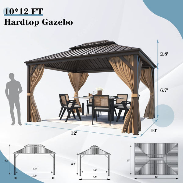 Mellcom 10' x 12' Hardtop Gazebo, Permanent Galvanized Steel Metal Double Roof Aluminum Pavilion