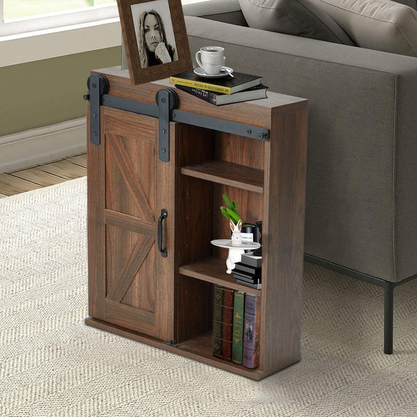 YOLENY Wood Wall Storage Cabinet with Sliding Barn Door 3-Tier Organizer Bathroom Cabinet with Adjustable Shelf Brown