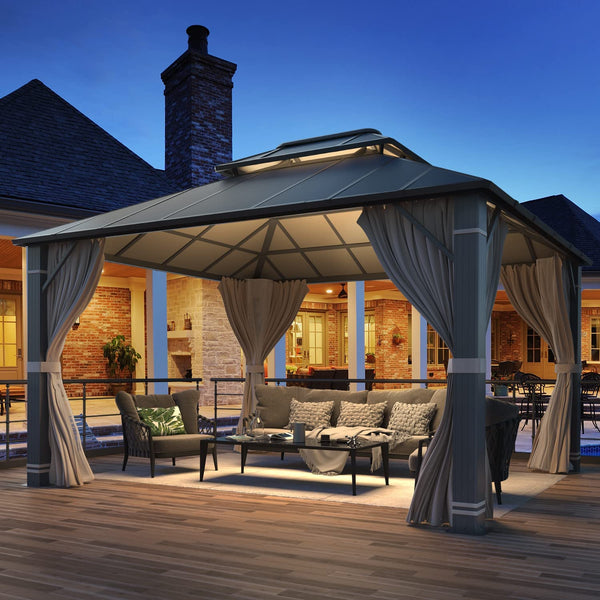 Mellcom 12x14FT Outdoor Hardtop Gazebo, Permanent Double Roof Aluminum Patio Gazebo for Patio Lawn, Garden