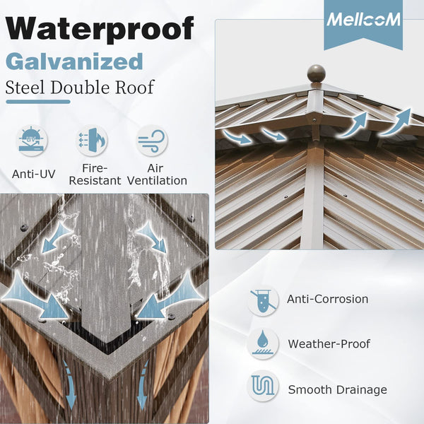 Mellcom 12' X 16' Hardtop Gazebo Galvanized Steel Outdoor Double Roof Patio Gazebo with Aluminum Frame