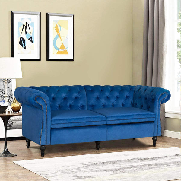 YOLENY Sofa Couch Loveseat Soft Fabric Modern Design Love Seat Two or Three Person Seat Sofa, Tufted Jewel Toned Velvet Sofa with Scroll Arms for Living Room, Blue
