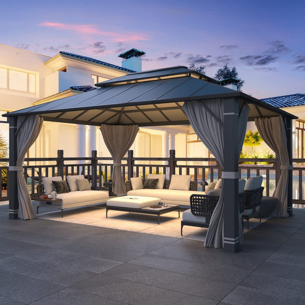 Mellcom 12x16FT Outdoor Hardtop Gazebo, Permanent Double Roof Aluminum Patio Gazebo for Patio Lawn, Garden