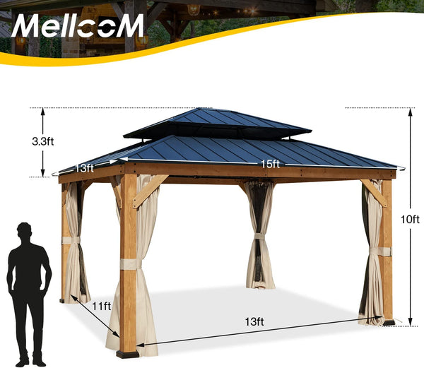 Mellcom 13' x 15' Cedar Wood Gazebo, Outdoor Hardtop Gazebo with Curtains and Mosquito Netting, for Patio, Garden, Backyard