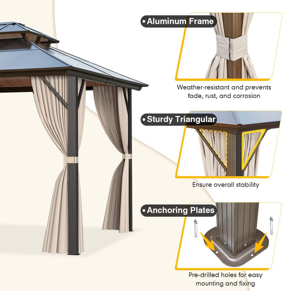 Mellcom 10'x13' Outdoor Hardtop Gazebo, Sun Roof  Patio Garden Gazebo with Aluminum Frame