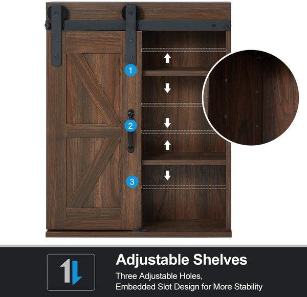 YOLENY Wood Wall Storage Cabinet with Sliding Barn Door 3-Tier Organizer Bathroom Cabinet with Adjustable Shelf Brown