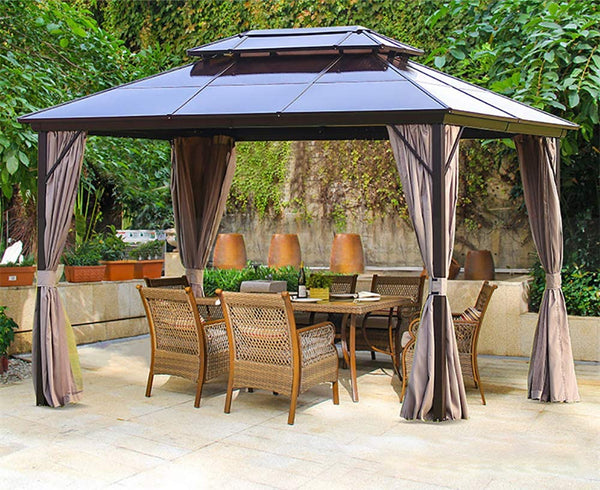 YOLENY 10x13ft Outdoor Double Roof Hardtop Gazebo Canopy Aluminum Furniture Pergolas with Netting and Curtains for Garden,Patio,Lawns,Parties