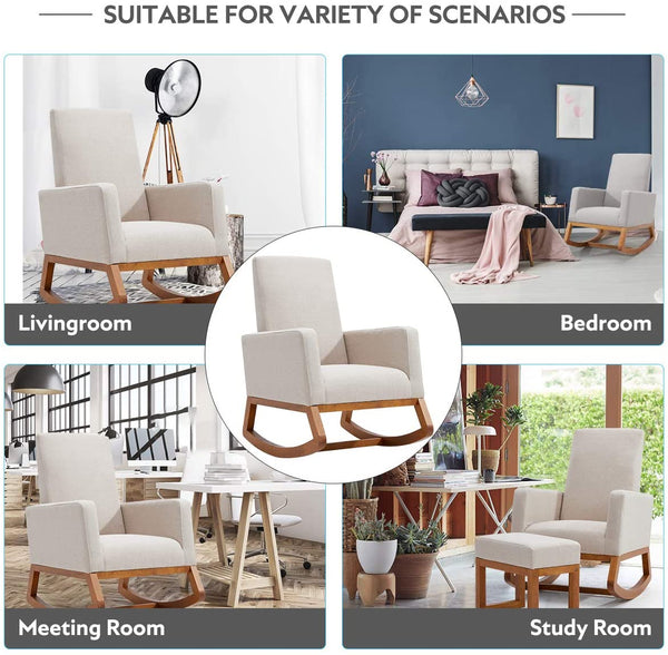 YOLENY Rocking Chair Mid Century Accent Chair Glider Rocker with Ottoman High Back Linen Armchair, Beige