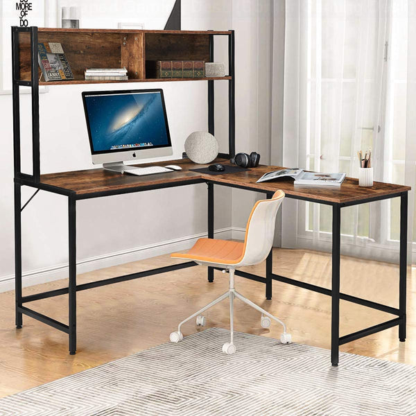 YOLENY 55 Inch L-Shaped Computer Desk with Hutch Space-Saving Corner Desk with Storage Shelves Home Office Desk Study Workstation for Home, Office