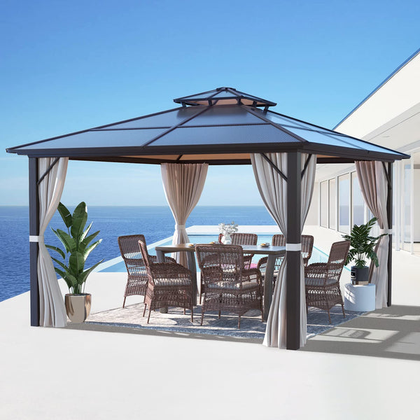 Mellcom 12'x12'  Hardtop Gazebo,  Outdoor Polycarbonate Double Roof Patio Gazebo Curtain Aluminum Frame