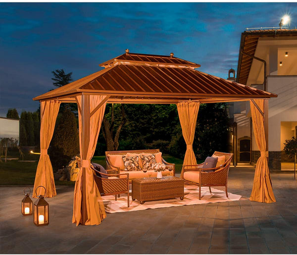 YOLENY 10' X 13' Hardtop Gazebo Galvanized Steel Outdoor Gazebo Canopy Double Vented Roof Pergolas Aluminum Frame with Netting and Curtains for Garden,Patio,Lawns,Parties