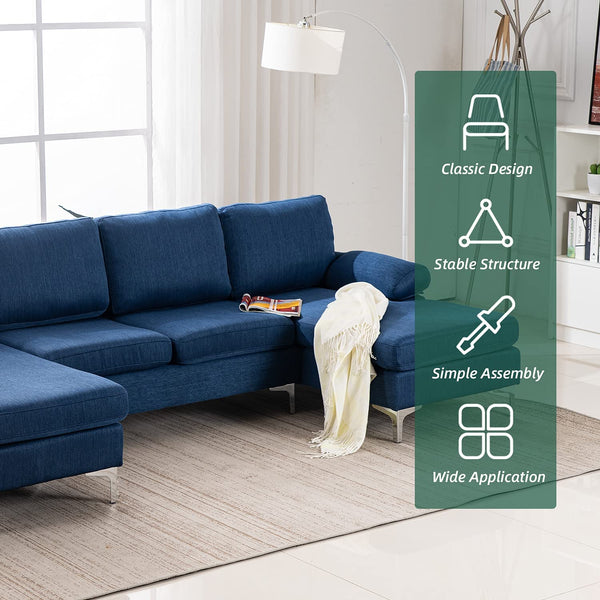 Mellcom Linen U-Shape Sectional Sofa, Fabric Couch for Living Room Apartment, Blue