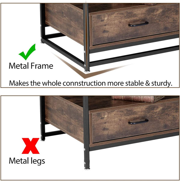 YOLENY Industrial Coffee Table,Accent Cocktail Table with Storage Shelf,2 Drawers Solid Wood and Metal Frame Legs,for Living Room