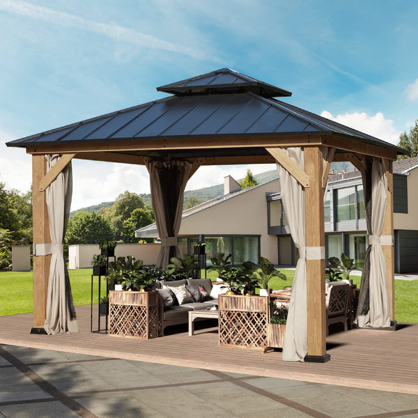 Mellcom 11' x 11' Cedar Wood Gazebo, Outdoor Hardtop Gazebo with Curtains and Mosquito Netting, for Patio, Garden, Backyard