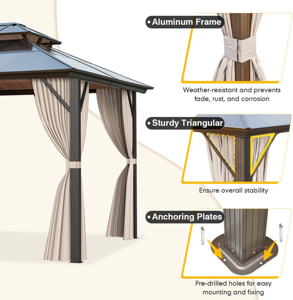 Mellcom 12'x16' Outdoor HardTop Gazebo, Double Roof Patio Garden Gazebo with Curtain Aluminum Frame