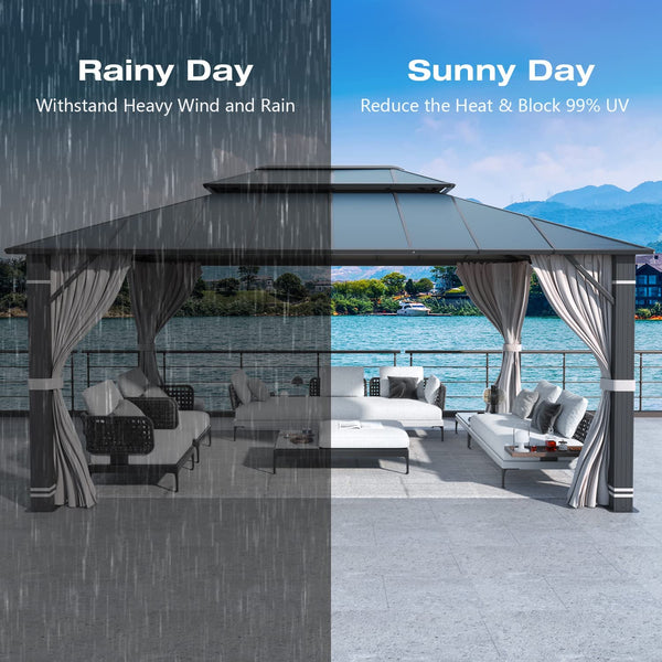 Mellcom 12x16FT Outdoor Hardtop Gazebo, Permanent Double Roof Aluminum Patio Gazebo for Patio Lawn, Garden