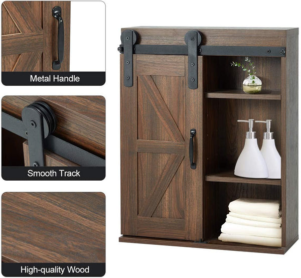 YOLENY Wood Wall Storage Cabinet with Sliding Barn Door 3-Tier Organizer Bathroom Cabinet with Adjustable Shelf Brown