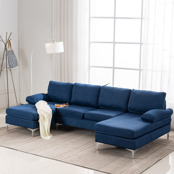 Mellcom Linen U-Shape Sectional Sofa, Fabric Couch for Living Room Apartment, Blue