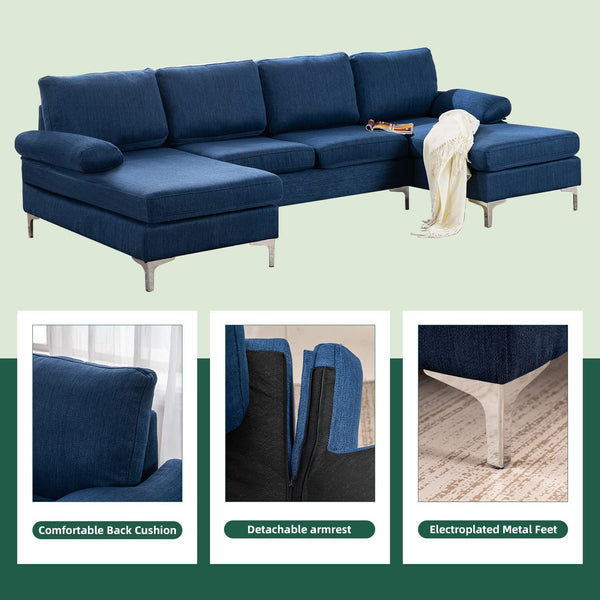 Mellcom Linen U-Shape Sectional Sofa, Fabric Couch for Living Room Apartment, Blue
