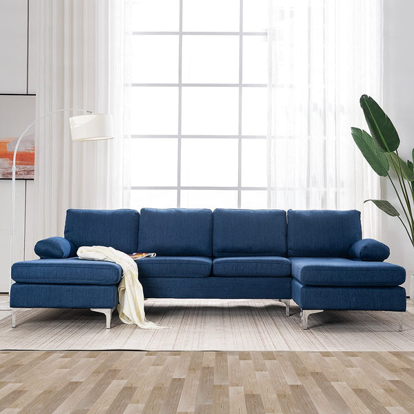 Mellcom Linen U-Shape Sectional Sofa, Fabric Couch for Living Room Apartment, Blue
