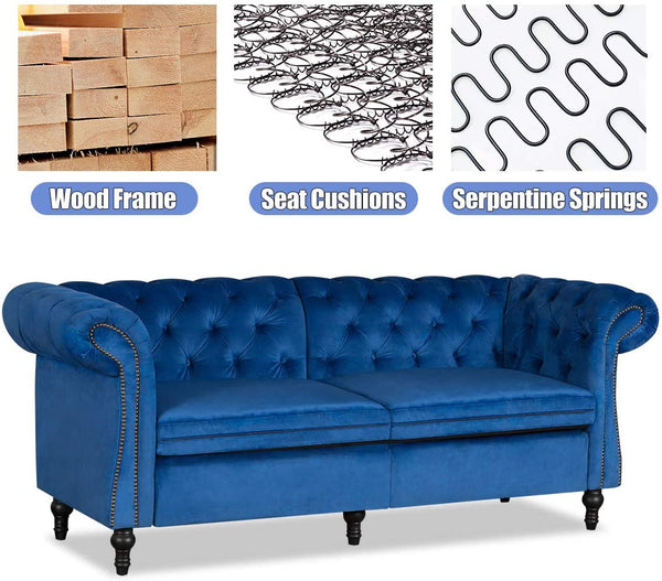 YOLENY Sofa Couch Loveseat Soft Fabric Modern Design Love Seat Two or Three Person Seat Sofa, Tufted Jewel Toned Velvet Sofa with Scroll Arms for Living Room, Blue