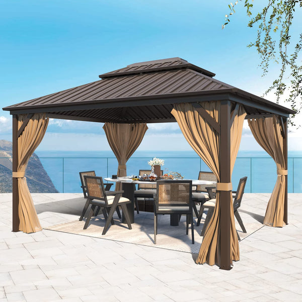 Mellcom 10' x 12' Hardtop Gazebo, Permanent Galvanized Steel Metal Double Roof Aluminum Pavilion