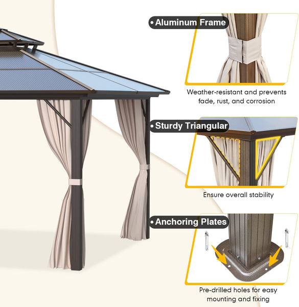 Mellcom 12'x12'  Hardtop Gazebo,  Outdoor Polycarbonate Double Roof Patio Gazebo Curtain Aluminum Frame