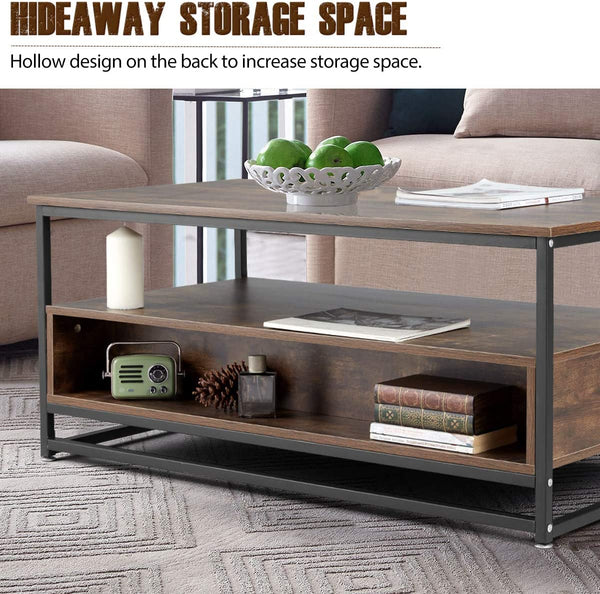 YOLENY Industrial Coffee Table,Accent Cocktail Table with Storage Shelf,2 Drawers Solid Wood and Metal Frame Legs,for Living Room