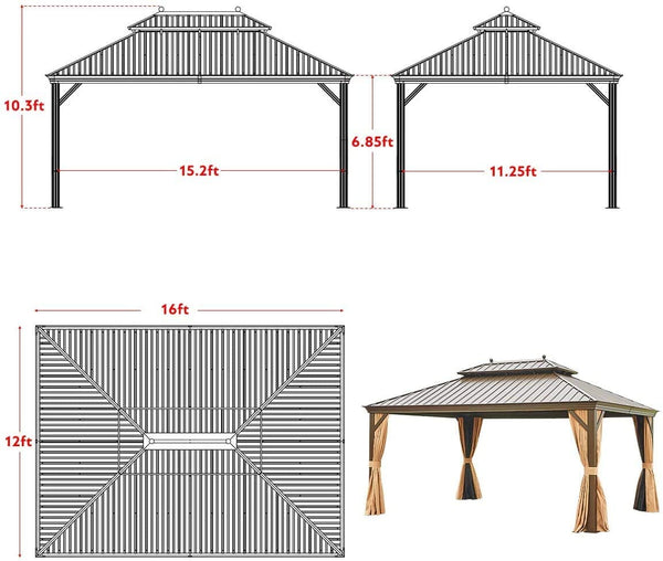 YOLENY 12' X 16‘ Hardtop Gazebo Galvanized Steel Outdoor Gazebo Canopy Double Vented Roof Pergolas Aluminum Frame with Netting and Curtains for Garden,Patio,Lawns,Parties