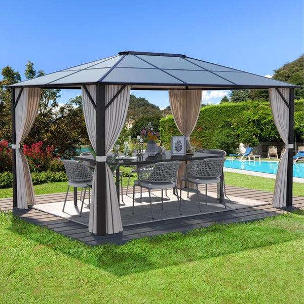 Erommy 10'x12' Outdoor Polycarbonate Hardtop Gazebo Curtains Aluminum Frame with Netting for Garden,Patio
