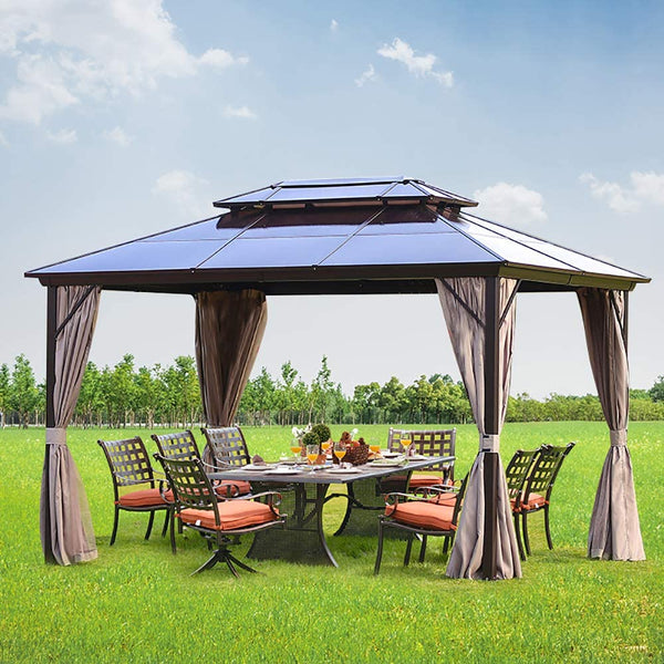 YOLENY 10x13ft Outdoor Double Roof Hardtop Gazebo Canopy Aluminum Furniture Pergolas with Netting and Curtains for Garden,Patio,Lawns,Parties