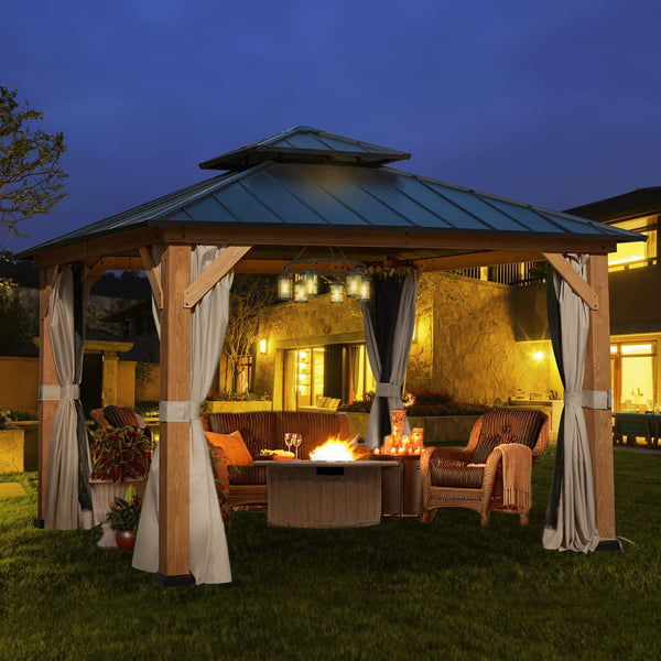 Mellcom 11' x 11' Cedar Wood Gazebo, Outdoor Hardtop Gazebo with Curtains and Mosquito Netting, for Patio, Garden, Backyard