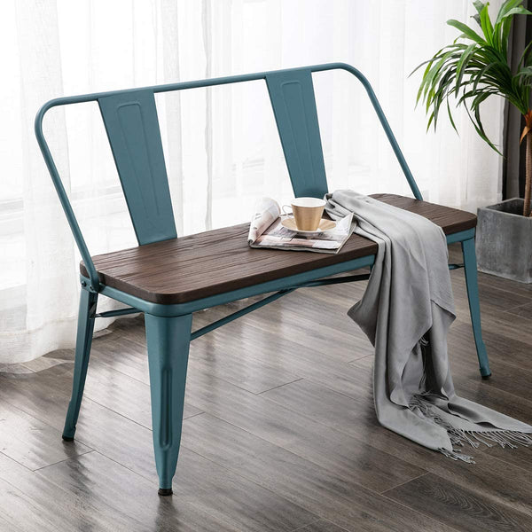 YOLENY Metal Bench Industrial Mid-Century 2 Person Chair with Wood Seat Dining Bench with Floor Protector