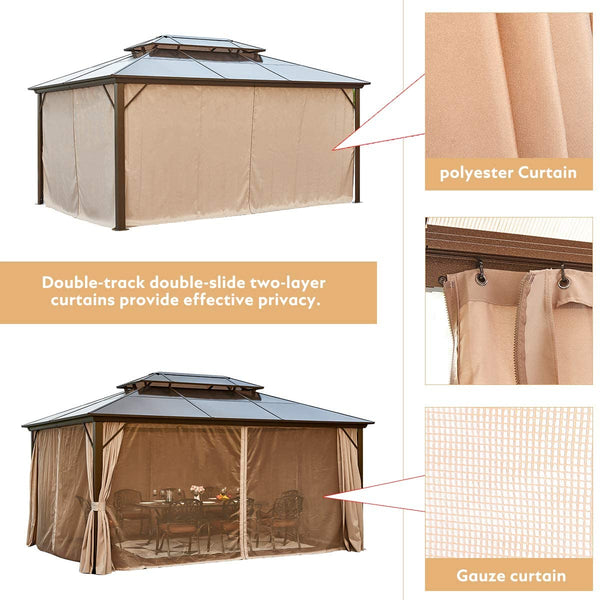 YOLENY 12'x16' Outdoor Polycarbonate Double Roof Hardtop Gazebo Canopy Curtains Aluminum Frame with Netting for Garden and Patio