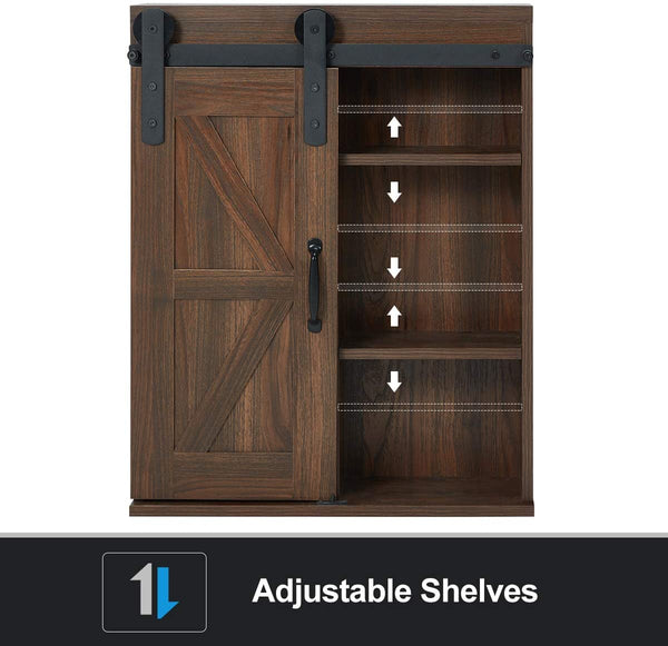 YOLENY Wood Wall Storage Cabinet with Sliding Barn Door 3-Tier Organizer Bathroom Cabinet with Adjustable Shelf Brown